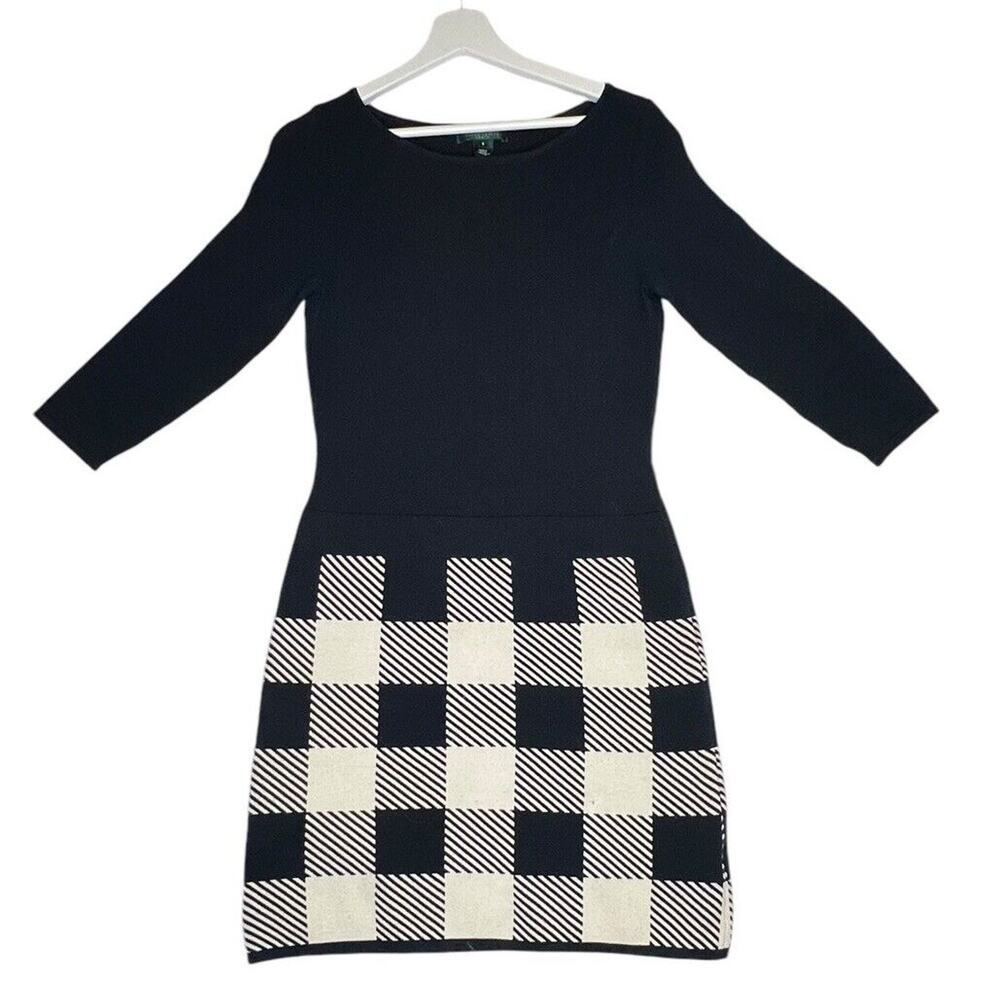 LAUREN Ralph Lauren Women's S Fitted Knit Long Sleeve Sweater Dress Black Creme